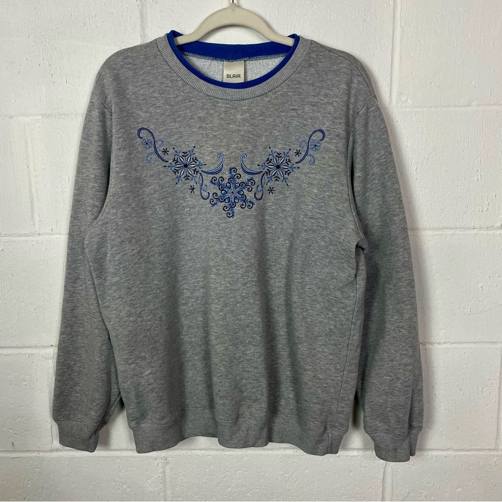 Blair Embroidered Sweatshirt Blue & Gray Winter Snowflake Cozy Grannycore Size L
